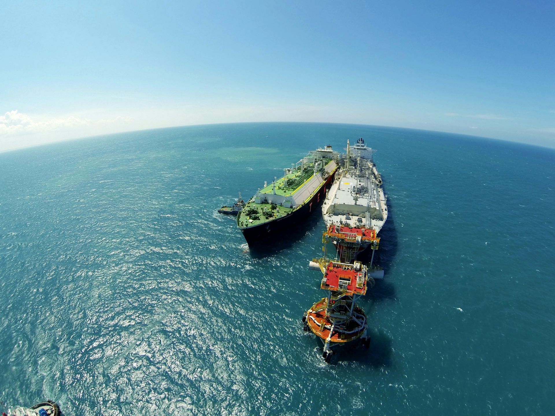 Aerial view of ship-to-ship LNG transfer at Tower Yoke Mooring System